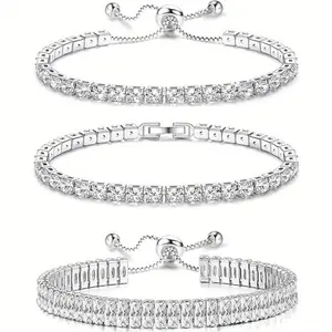 3Pcs Tennis Bracelets for Women - Silver Plated Bracelet Stack Cubic Zirconia CZ Diamond Adjustable Stackable Bracelets Set for Prom Wedding Jewelry Gift