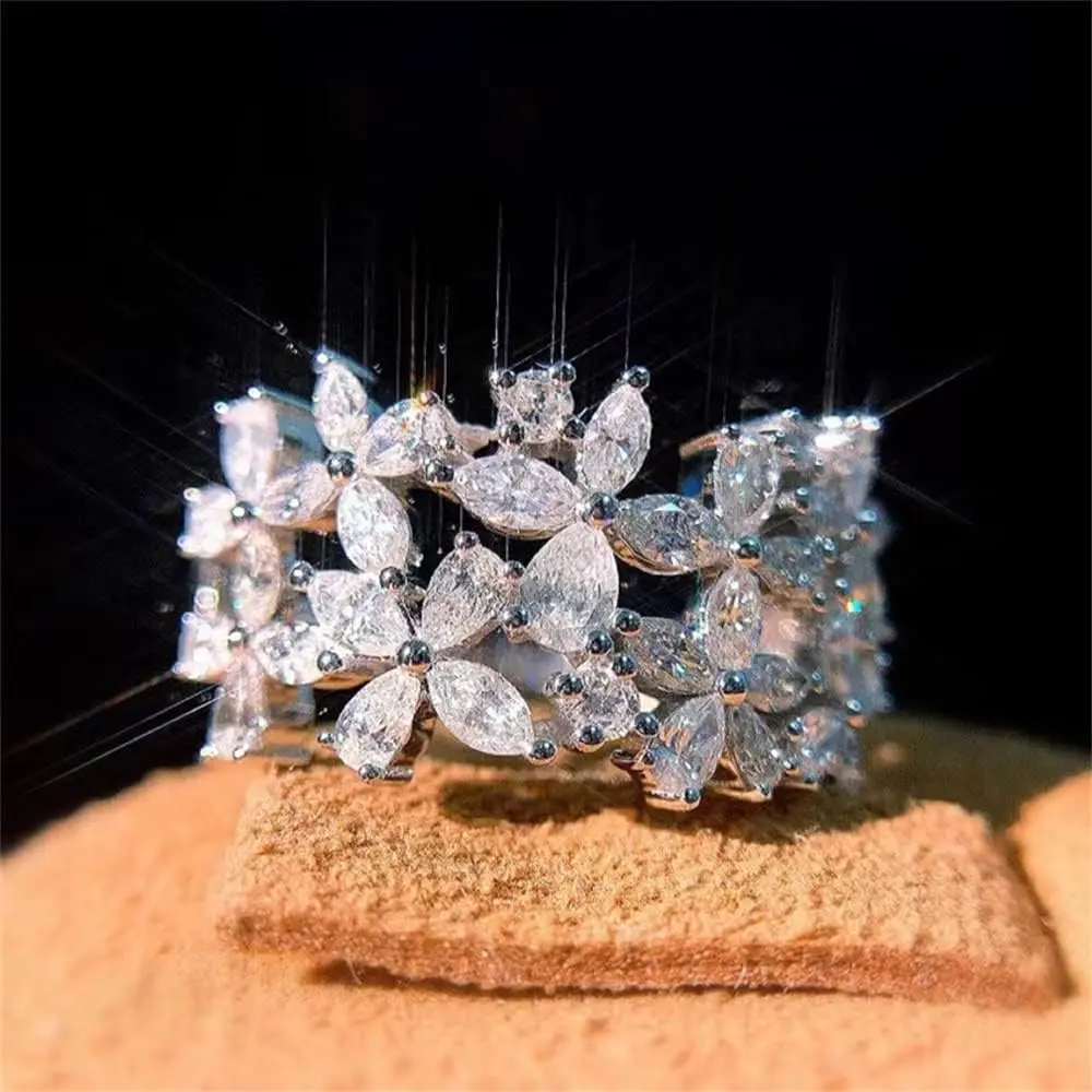 925 Sterling Silver Shiny Full Diamond Ring 18K Gold Flower Cocktail Rings Teardrop Cubic Zirconia Promise Rings CZ Flower Diamond Ring Eternity Engagement Wedding Band Ring for Women Z.2 (US Code 7)