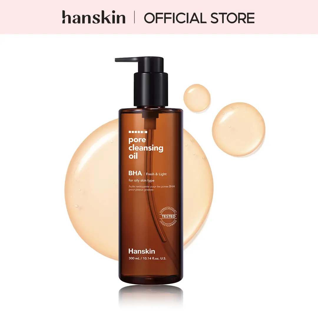 Hanskin BHA Pore Cleansing Oil (300ml) - Lightweight Plant-Based Salicylic Acid Makeup Remover for Sebum Control, Pore Refining, Waterproof Makeup Removal, Oily Skin, Smooth Texture, Nourishing, Blackhead Removal, Double Cleanse, Mascara, Olive, Gentle, V