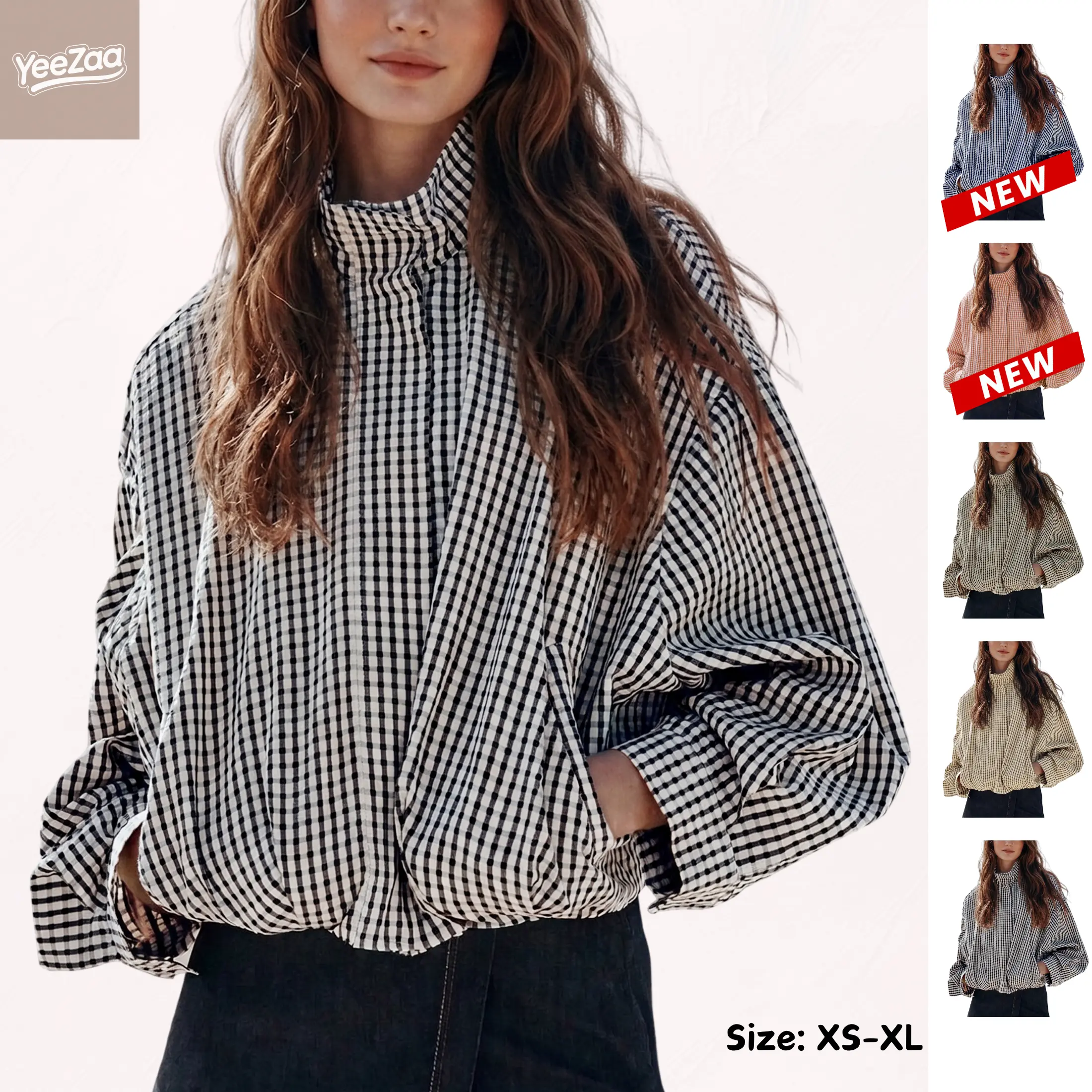 YeeZaa Women's Gingham Plaid Jacket Cropped Zip Up Stand Collar Oversized Jackets with Batwing Sleeves Loose Casual Lightweight Coats 2026 Fall Outfit with Pockets Back to School First Day Outfit