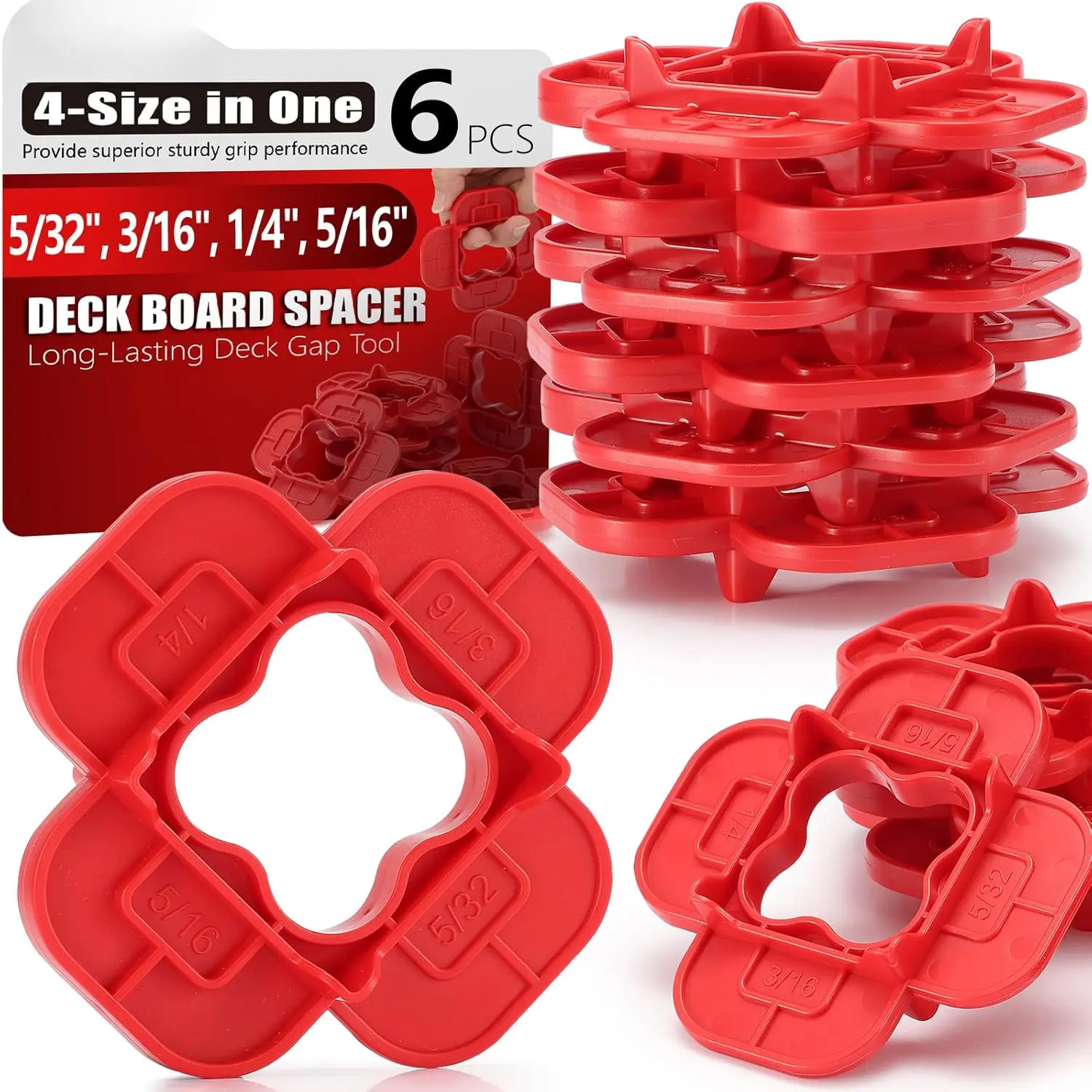 6 Packs 4-in-1 Multi-Size Deck Spacers Tool (5/32", 3/16", 1/4", 5/16") for Composite, PVC, Hardwood &  Treated Decking Board - Red & Blue Options, Easy-to-Use Deck Board Spacers Gap Tool