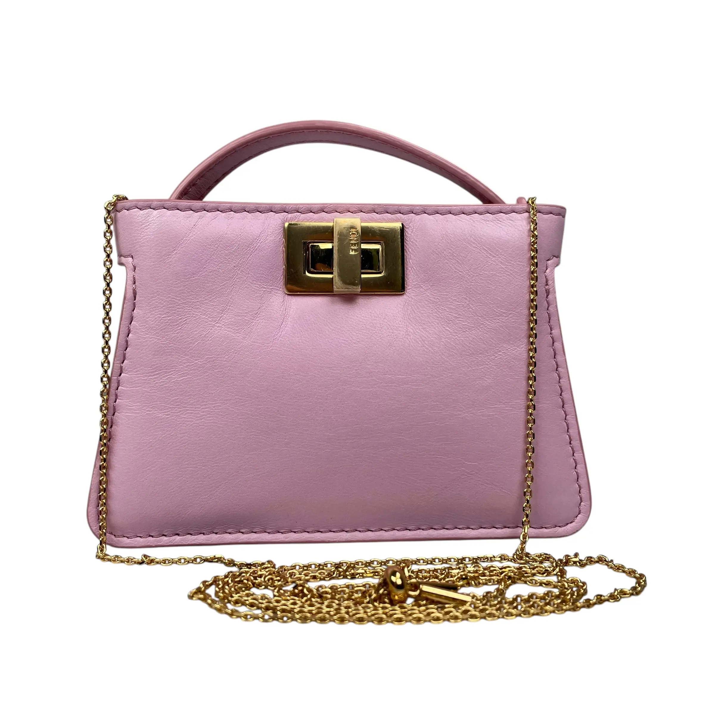 Pre-owned FENDI Nappa Leather Crossbody Bags Peekaboo Micro Pink Pico Gold Turn Lock Key Chain Charm Adjustable Purse