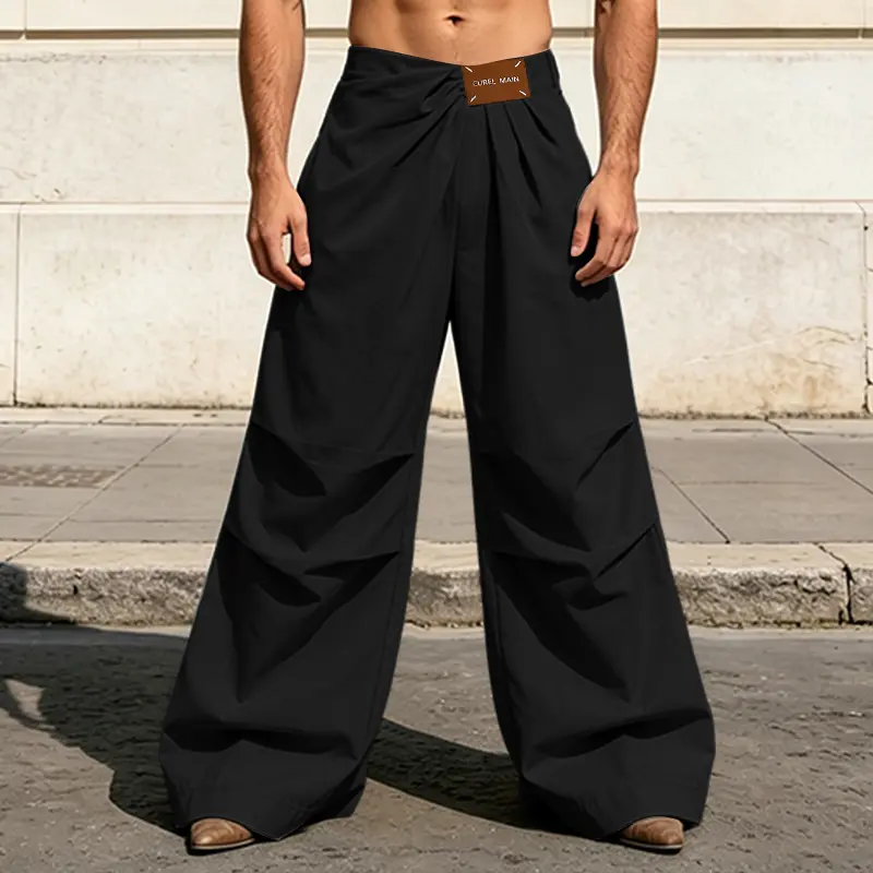 INCERUN Men's Leather Clean-Fit Wide-Leg Trousers - Draped Asymmetric Waist, Evening Wear Contemporary Menswear Brown Bottoms, Leather-Like, Chic, Watch Party