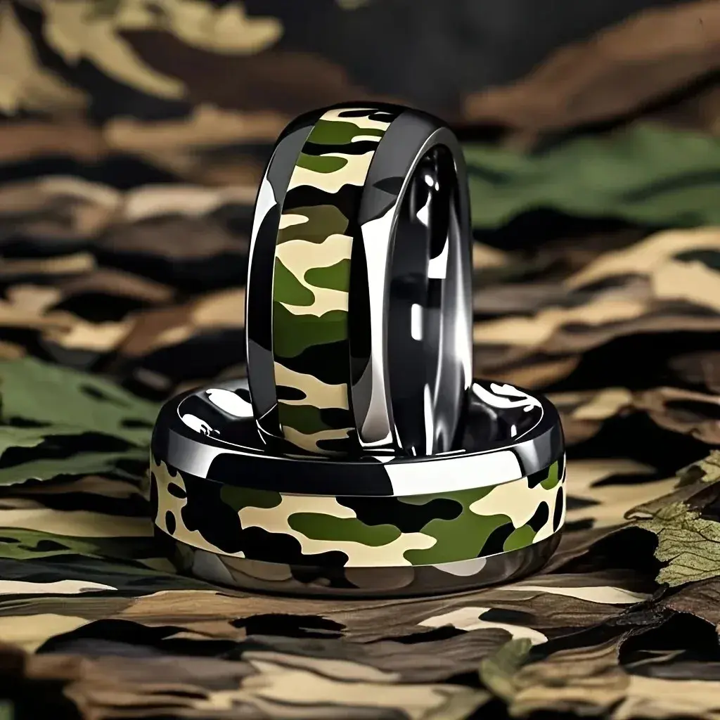 Cool 8mm Silver Color Men Stainless Steel Ring with Camo Pattern Inlay Rings for Men Women Military Tactical Jewelry Drop Ship