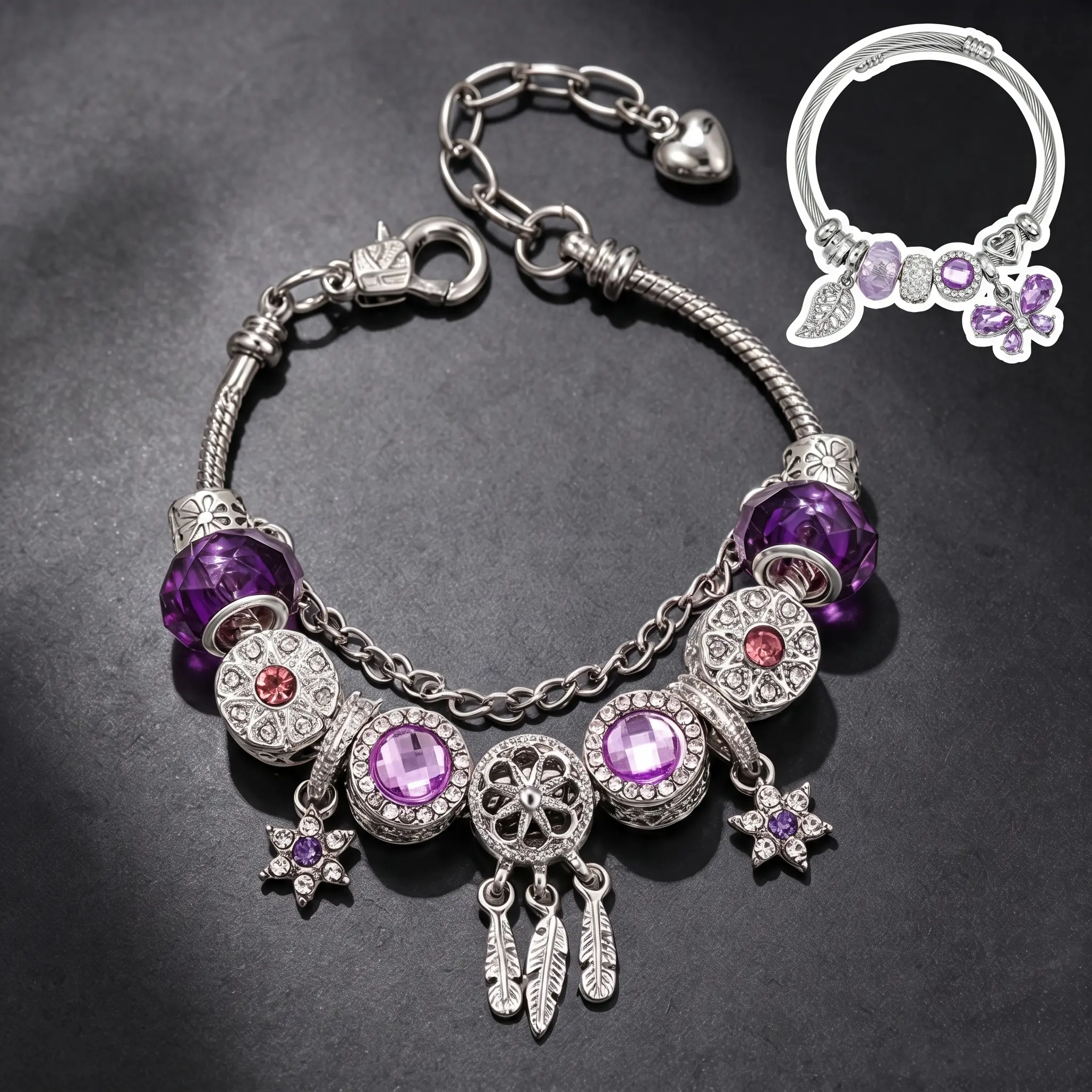 2 Pcs Friendship Bracelets for Women, Purple Crystal Charm Bracelet Set with Butterfly Charms, Matching Jewelry Gift for Best Friend
