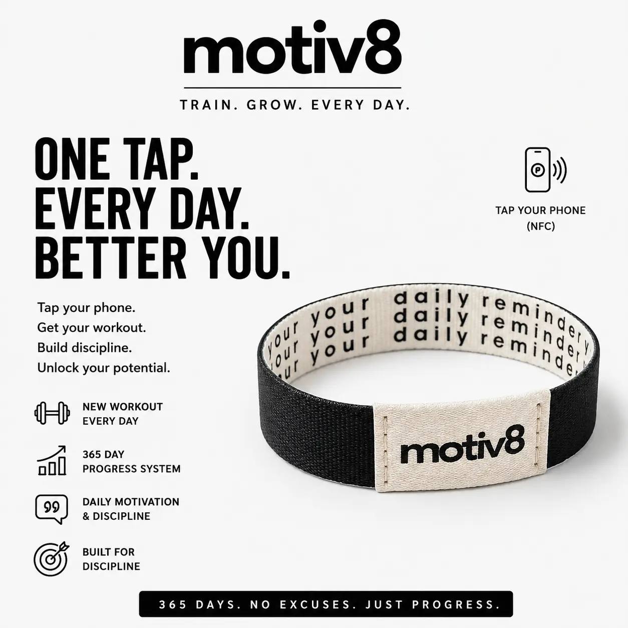 Motiv8 Your Daily Reminder Black NFC Wristband - Motivational Quotes Every Scan - Soft Lightweight Material - Unisex Style - 16mm 18mm 20mm Sizes