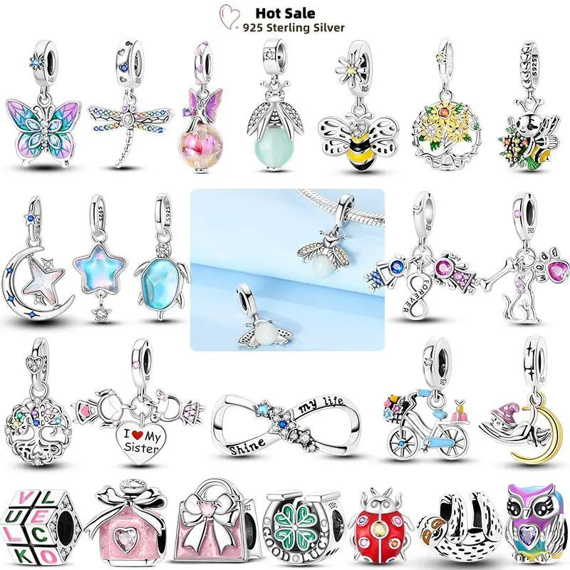 Real 925 Sterling Silver Charms Luminous Firefly Butterfly Sunflower Pink Beads Fit Original Bracelet Women Birthday DIY Jewelry