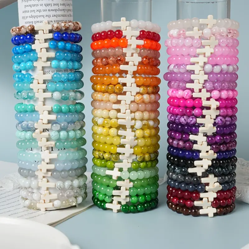 20-Piece Stackable Bracelets Set, Boho Multicolor Mix Glass Bead Bangles with Cross Design for Casual & Daily Wear, Cross Design Bangle, Matching Pairs, Matching Sets, Cross Motif