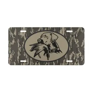 Camo License Plate, 12" x 6" Aluminum Vanity Tag for US Vehicles, Hunting Gift, Old School Bottomland Camo, Duck Hunting Dog Design, Woodland Camo Vanity Plate