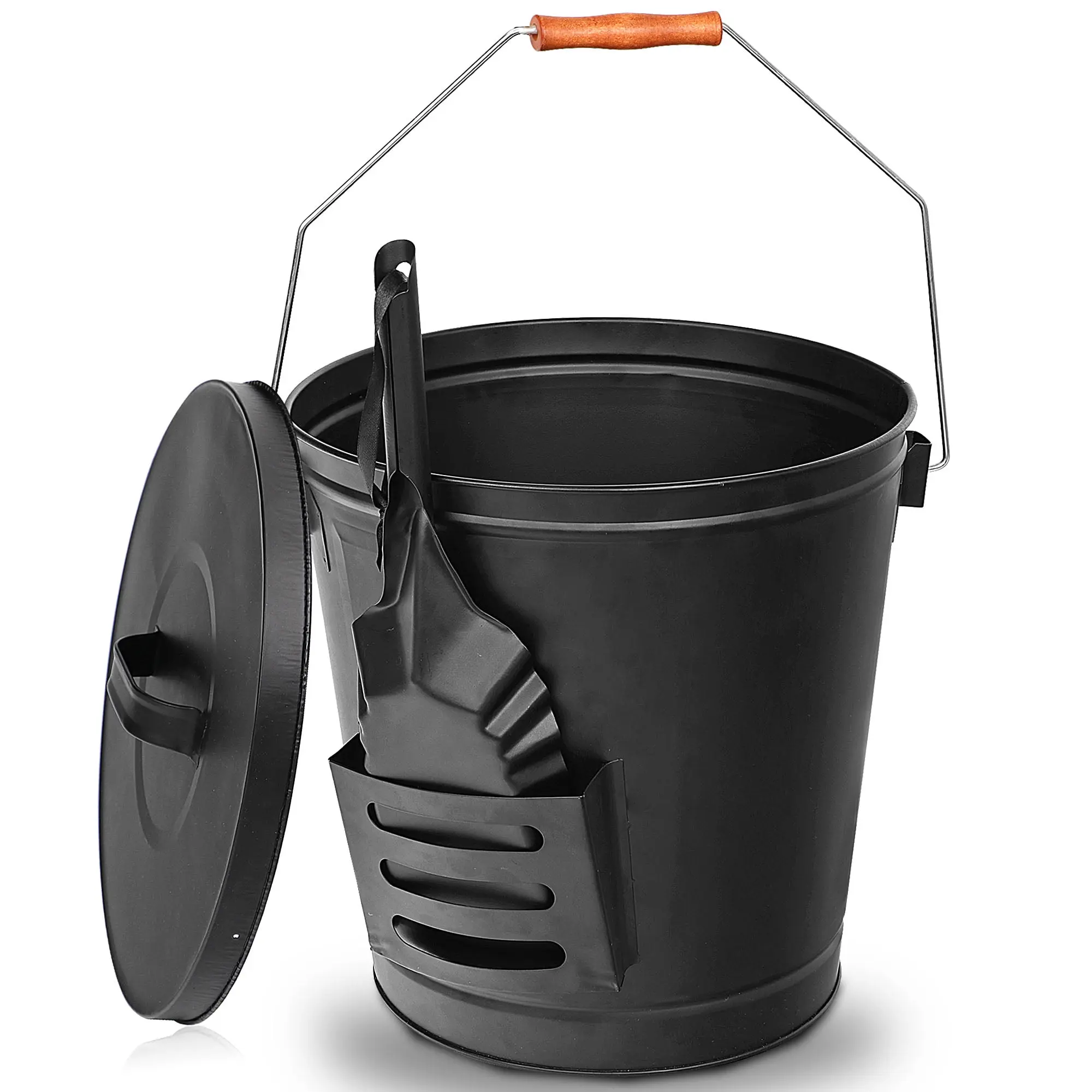 Segawe 5-Gal Steel Ash Bucket with Lid, Iron Shovel with Wooden Handle - 12.8" x 13", 5.73 lbs Safe Camping Cleaning Tool, Extra Tool for Home Wooden Fireplace, Durable High-Temp Metal Body