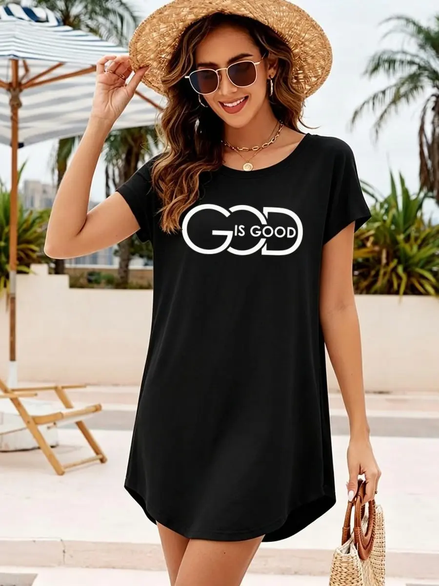 Women's Minimalist Faith Print Tunic Dress with 'God Is Good' Graphic, Loose Fit Crew Neck Tee in a Breathable Blend, Graphic Quote