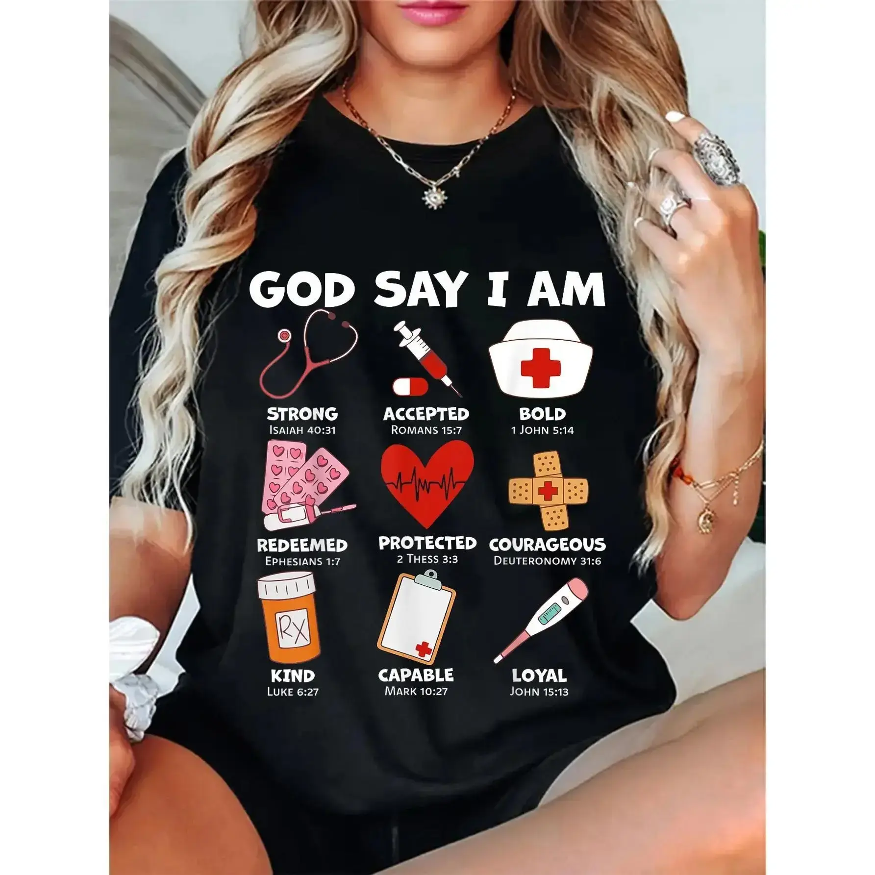 100% Cotton Unisex God Says I Am Nurse Strong Protected Religious Nurse Nursing T-Shirt Casual Top