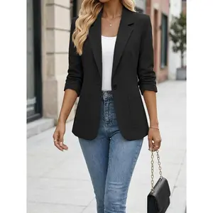 Mina Self 2026 Summer Women's 3/4 Ruched Sleeve Blazer - Lightweight Breathable Lined Casual Work Office Jacket with Pockets