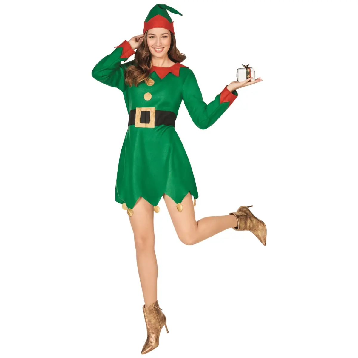 212 MAIN Women's Plus-Size Long Sleeve Elf Costume Clothes Set - Elastic Polyester, Includes Dress, Silver Skirt, Hat, Accessories (For Pet Owners' Holiday Themed Events)