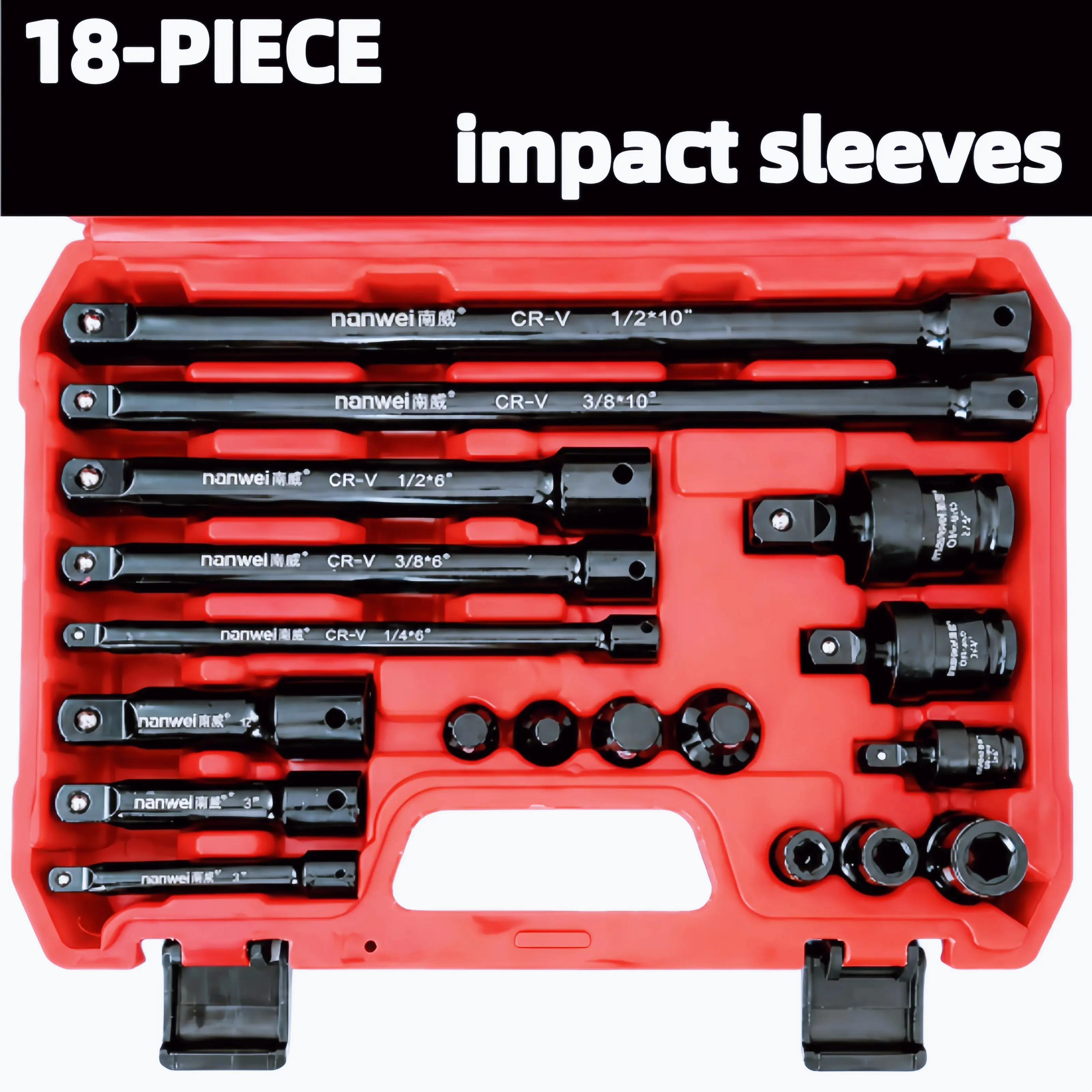 18PCS CR-V Steel Impact Socket Accessory Set Tools - 8 Extension Bars, 4 Socket Adapters, 3 Universal Joints, 3 Hex Couplers - 1/4" 3/8" 1/2" Drive Impact Wrench Converter Kit With Storage Case For Automotive Repair