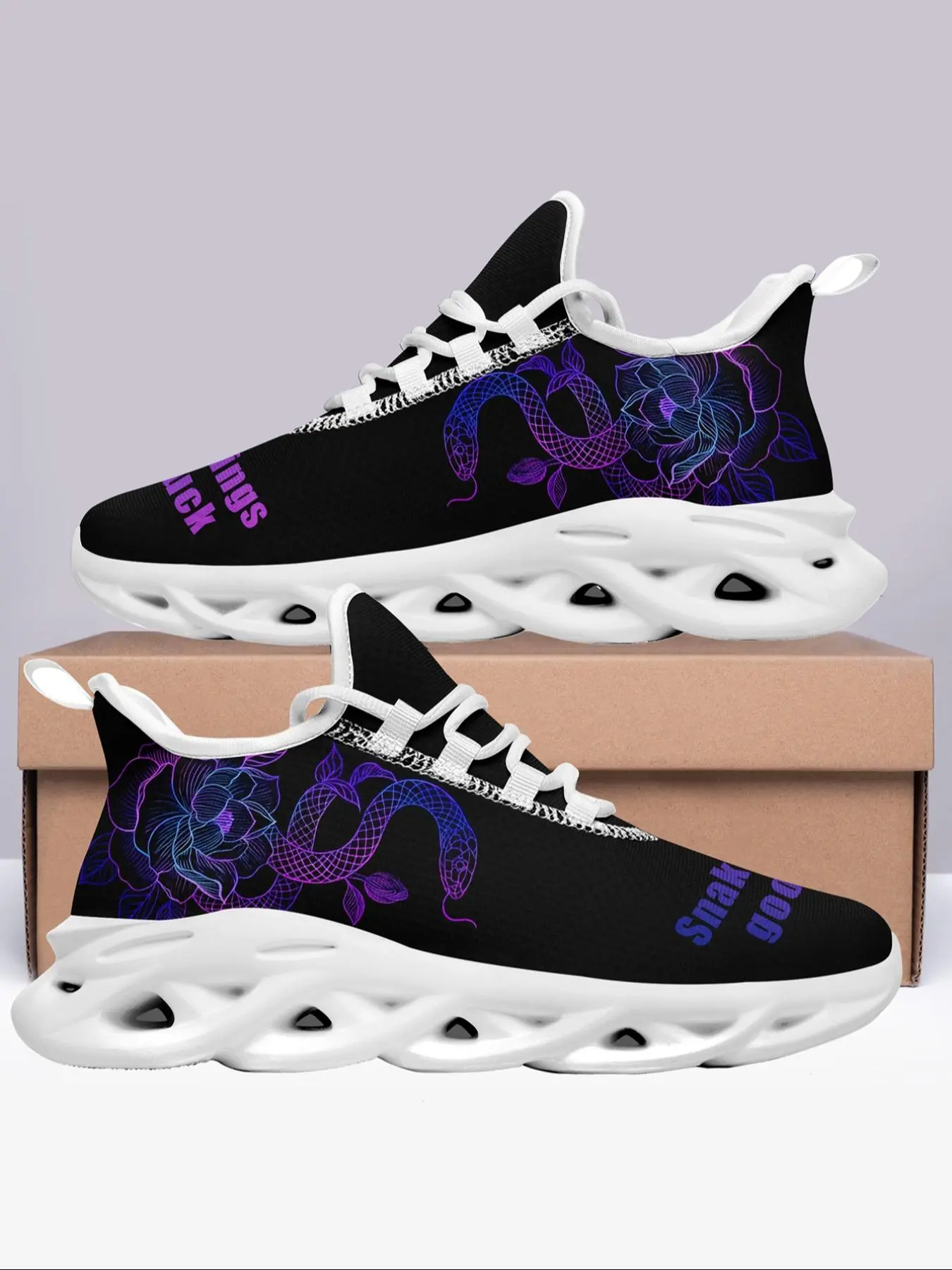 Men's Fashionable Snake & Floral Design Lace Up Sneakers, Casual Comfortable Breathable Sports Running Shoes, Male All-match Round Toe Chunky Sneakers for Daily Wear, Athletic