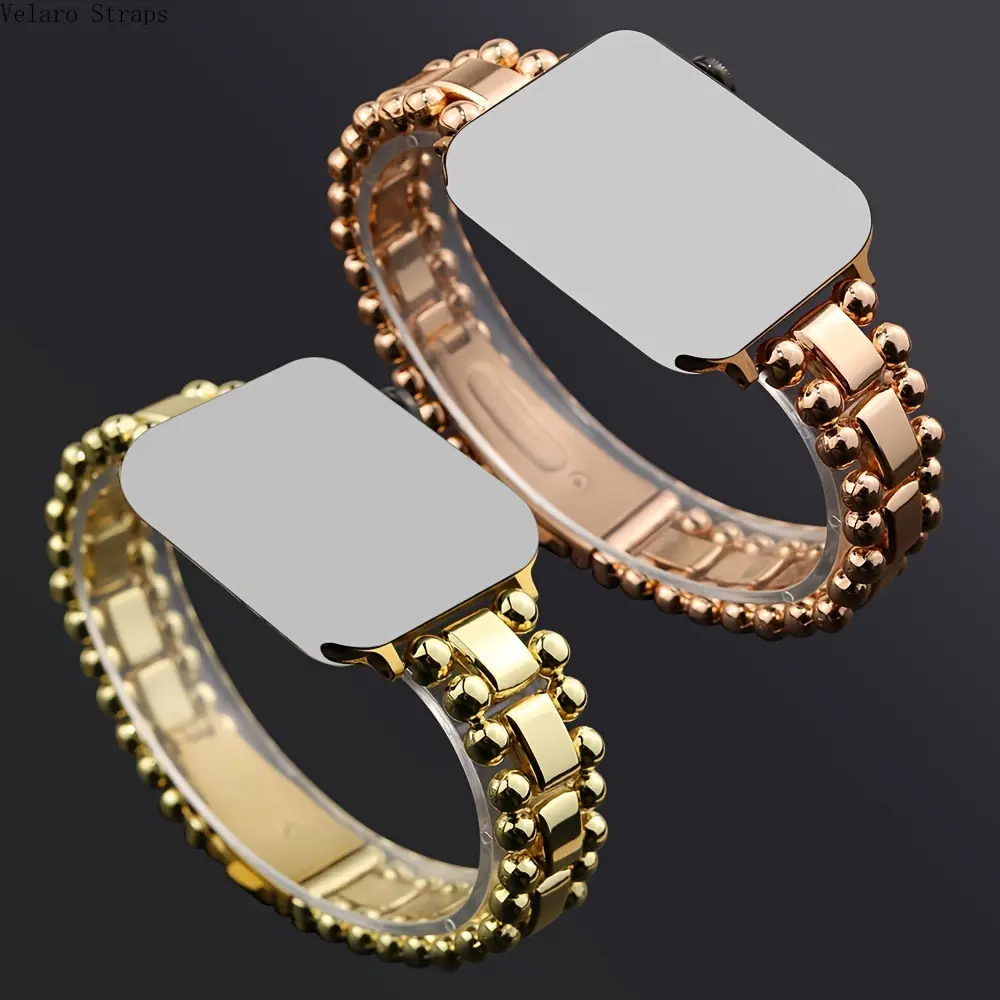 Chic Metallic Watch Band for Women, Luxury Double-Row Beaded Bangle Bracelet, Formal Wearable Accessories for 38-49mm Smartwatches, Fold Over