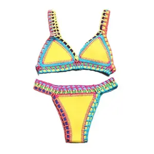 2025 Handmade Crochet Bikini — Two-Piece Reversible Swimsuit for Women with Knitted Patchwork, Halter Neck, and Thong Bottom
