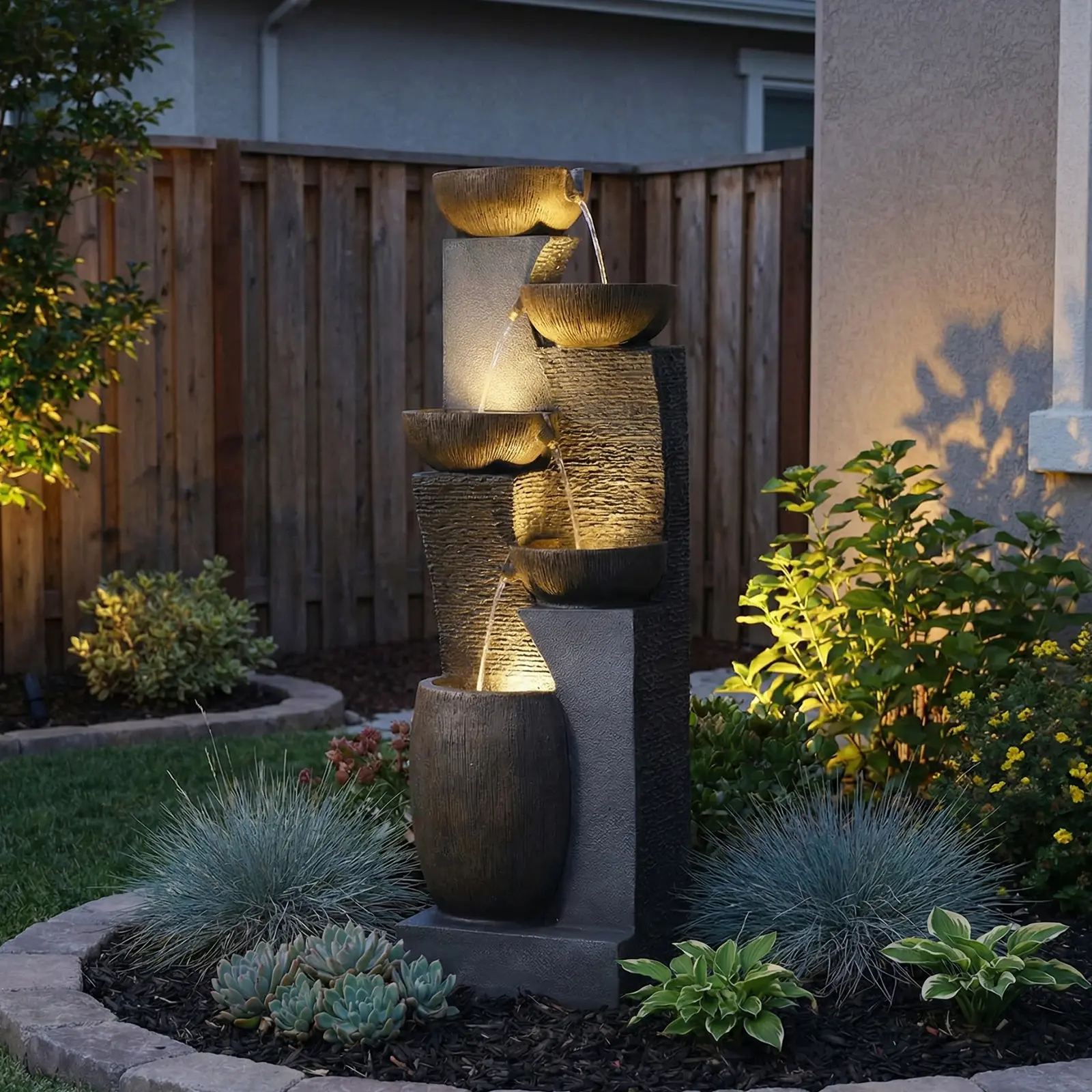 Tankana 51.4" H Modern 5-Tier Cascading Outdoor Fountain - Integrated LED Lights, Garden Statues & Sculptures, All Seasons Fountains & Bird Baths, Meditation Vibes for Deck, Porch Home Decor, Serene Ambiance