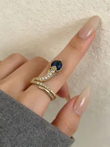 Blue Agate Snake Design Ring, Rhinestone Open Band, Luxury Style, Unique Fashion Jewelry, Perfect for Office and Dates