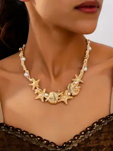 Boho Style Starfish Round Shell Pearl Necklace, Handmade Beaded Chain Jewelry for Women, Perfect for Beach Vacation & Daily Wear, Elegant Beaded Necklace