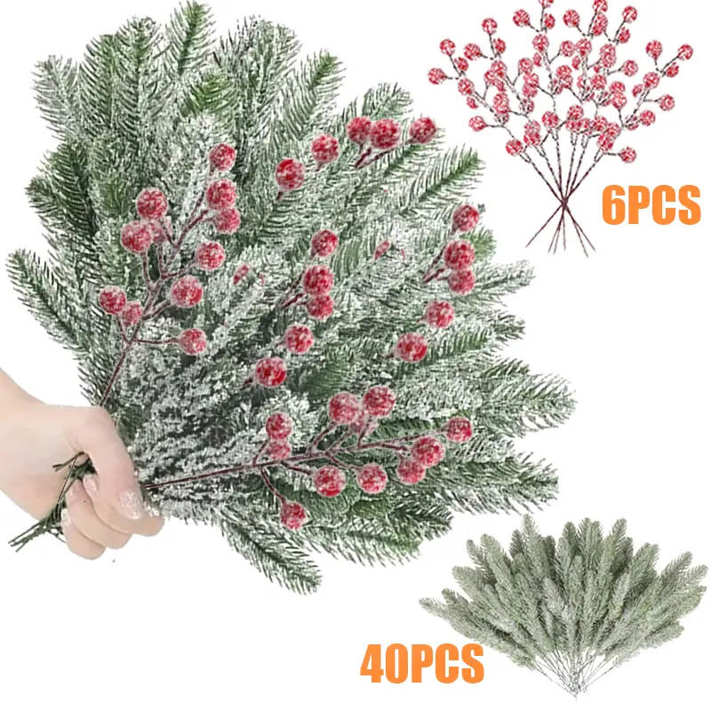 Snow Effect Synthetic Christmas Decoration Set - 40 Pcs Artificial Pine Needles, 6 Pcs Red Berry Branches, Snow-Covered Greenery Picks for Easy Xmas DIY Garland, Wreath, Home Holiday Decor