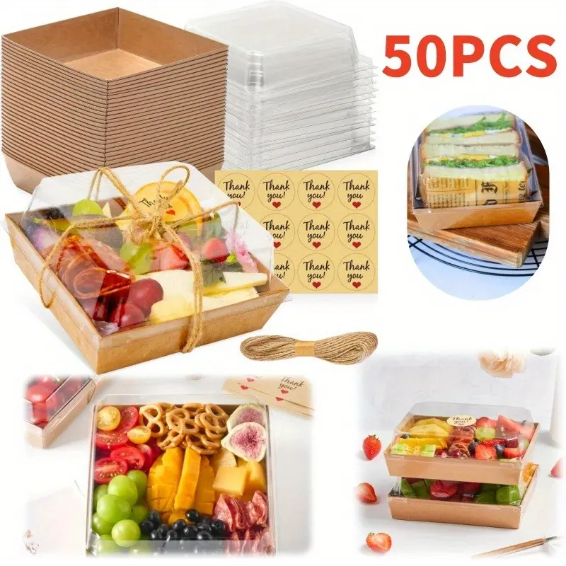 50 Packs Small Charcuterie Boxes with Clear Lids - To Go Paper Mini Charcuterie Box, Disposable Food Containers, 5.5Inch Dessert Boxes - Sandwich, Cookie, Sushi, Cake Slice, Strawberries