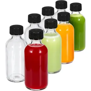 8-Pack 2 oz (60ml) Small Glass Boston Round Bottles with Lids Leak-Proof Mini Travel Containers for Ginger Shots, Juice, Whiskey, Samples | W/Labels, Funnels & Brushes