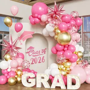 130PCS Pink, Gold & White Balloon Arch Kit Foil Stars & Confetti Ribbons for Graduation 2026