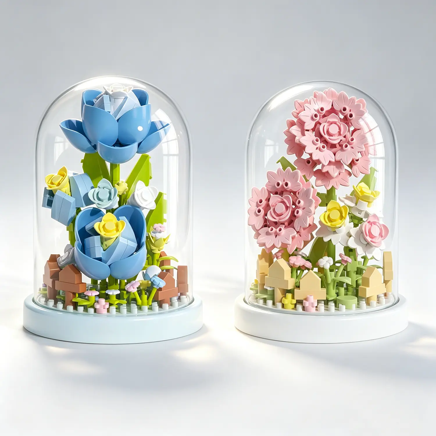 Carnation Flower Bouquet Mini Building Blocks 2-Pack, BPA-Free Botanical Collection Micro Toys with Plastic Dust Cover Dome, 2.85x2.85in Base 4.13in Tall Desk Decor, Creative Gift for Teen Girls 12+ Years Above
