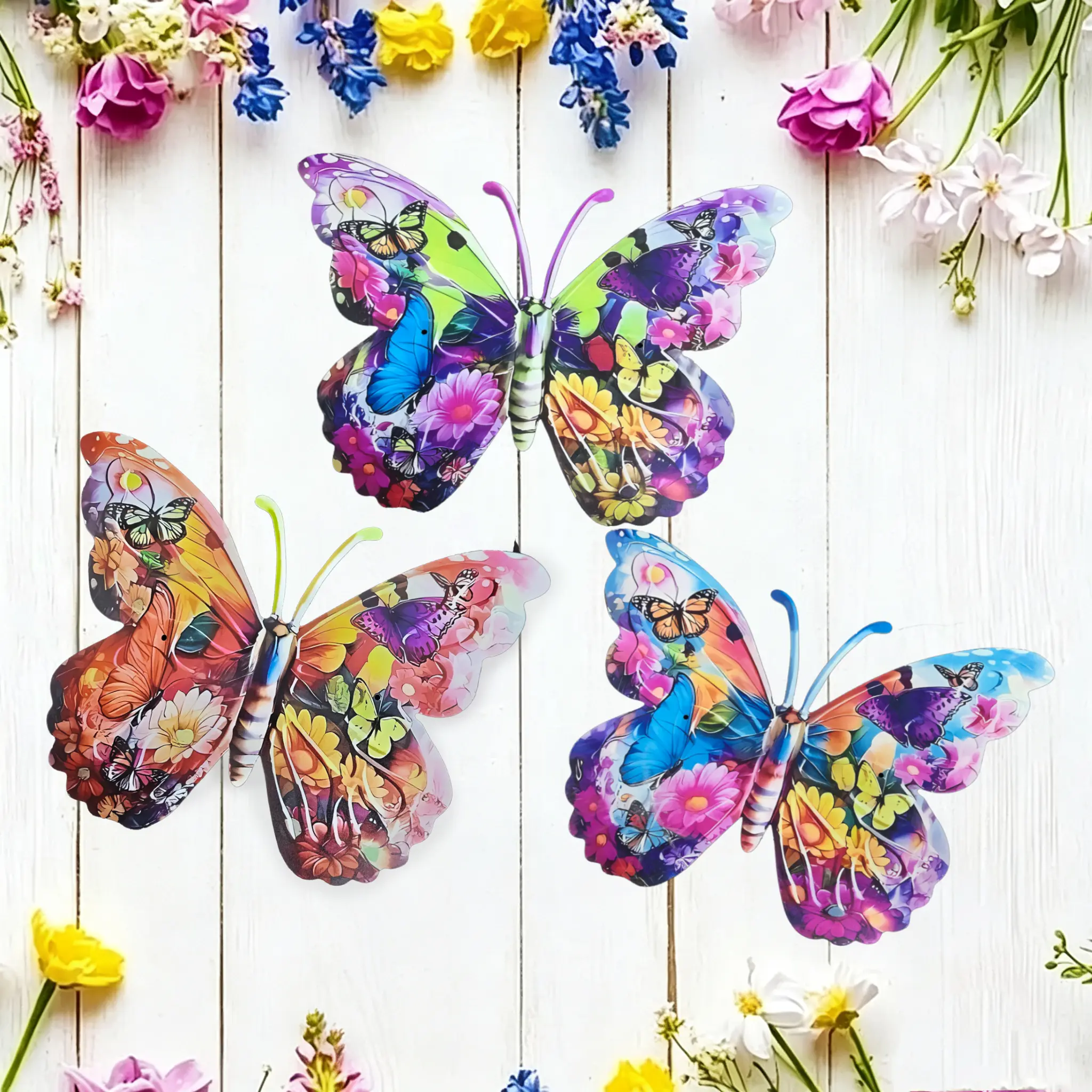 14.57in Vintage Floral Butterfly Wall Art, 2D Printed Solid Iron Wall Hanging, Multi-use Ornament for Greenhouse, Garden Bed, Shed Wall, Guest Room, Cottage Exterior & Veranda, Indoor Outdoor Decor 1/3Pcs Optional #SummerVibes