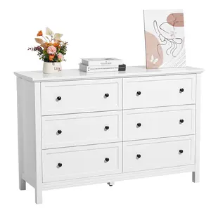 VEVOR 6 Drawer Dresser,  Wooden Chest of Drawers with Sliding and Anti-tip Device, Retro Minimalist Dresser Chest, Closet Storage TV Stand Organizer for Living Room, Hallway, Bedroom, Entryway, White