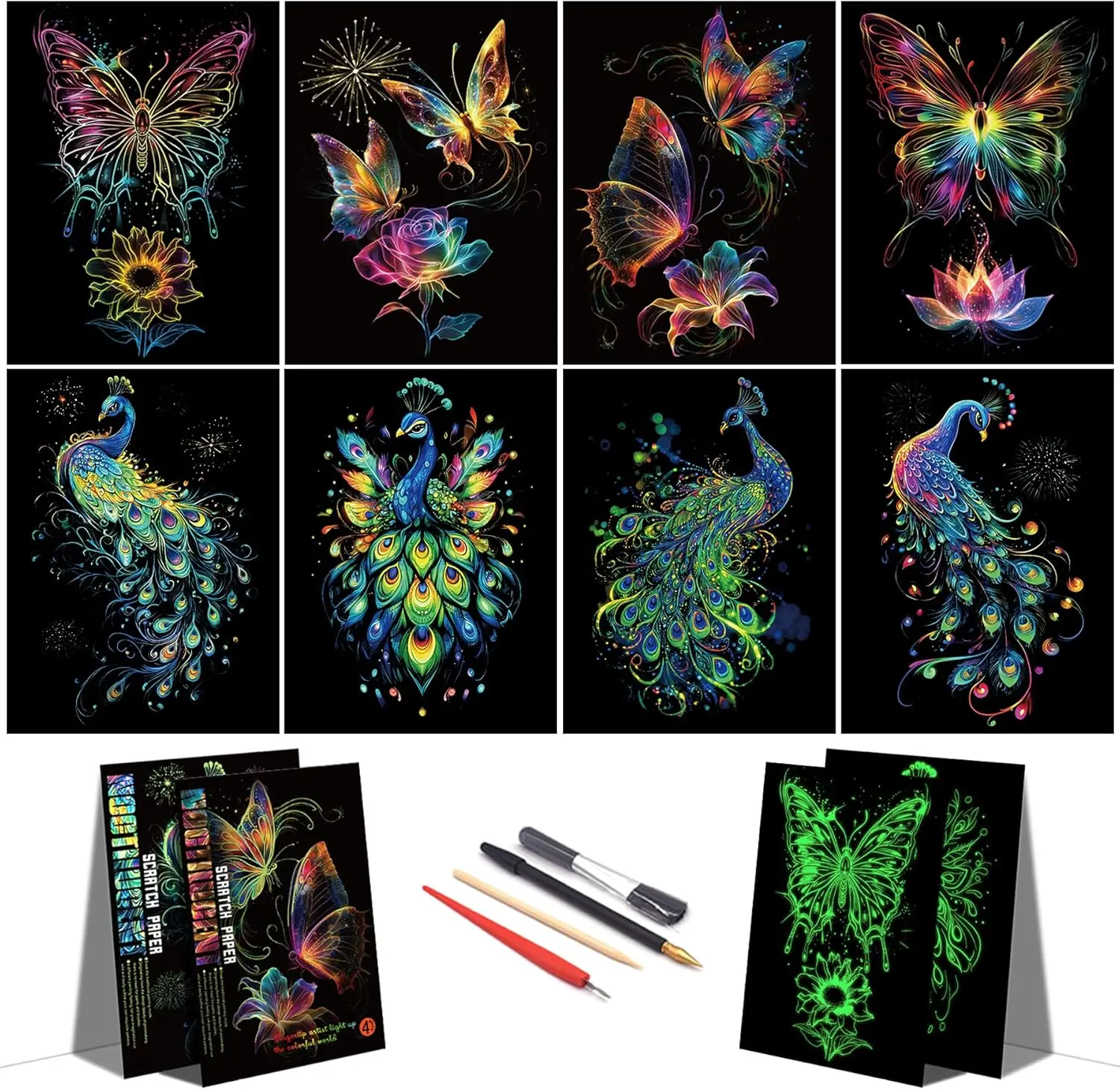 Scratch Art for Adults&-Glow in The Dark Scratch Painting Craft Kit (8 Sheets A4)|DIY Foil Engraving Art Set|   for Craft Lovers|Creative Scratch Art  Decor(Butterfly&Peacock)