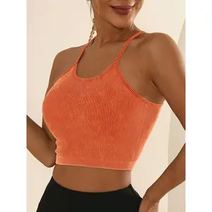 Women's Seamless Sleeveless Backless Racerback Yoga Tank Top - High-Elasticity Ribbed Cropped Design, Washed-Out Solid Color, No Pads for Workout & Casual Wear, Spring/Summer/Fall, Gym Attire, Racerback Style, Comfortable Fit