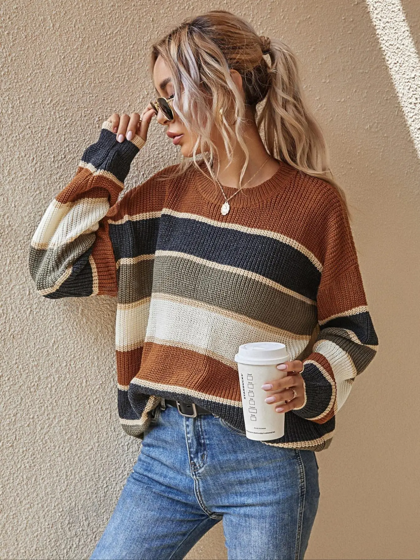 Women's Colorblock Striped Print Drop Shoulder Sweater, Casual Soft Long Sleeve Round Neck Jumper for Fall & Winter, Fashion Ladies' Knitwear for Dail