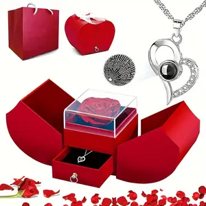 100 Languages Heart Shaped Preserved Rose I Love You Necklace for Mom, Wife, Girlfriend on Mothers Day, Valentines Day