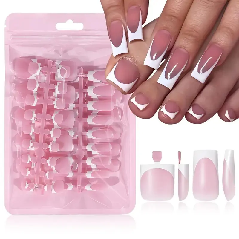 60pcs Square Medium French Tip Press on Nails, Fake Nails with Glue, Acrylic Nail Kit for Women, No Damage Manicure Set