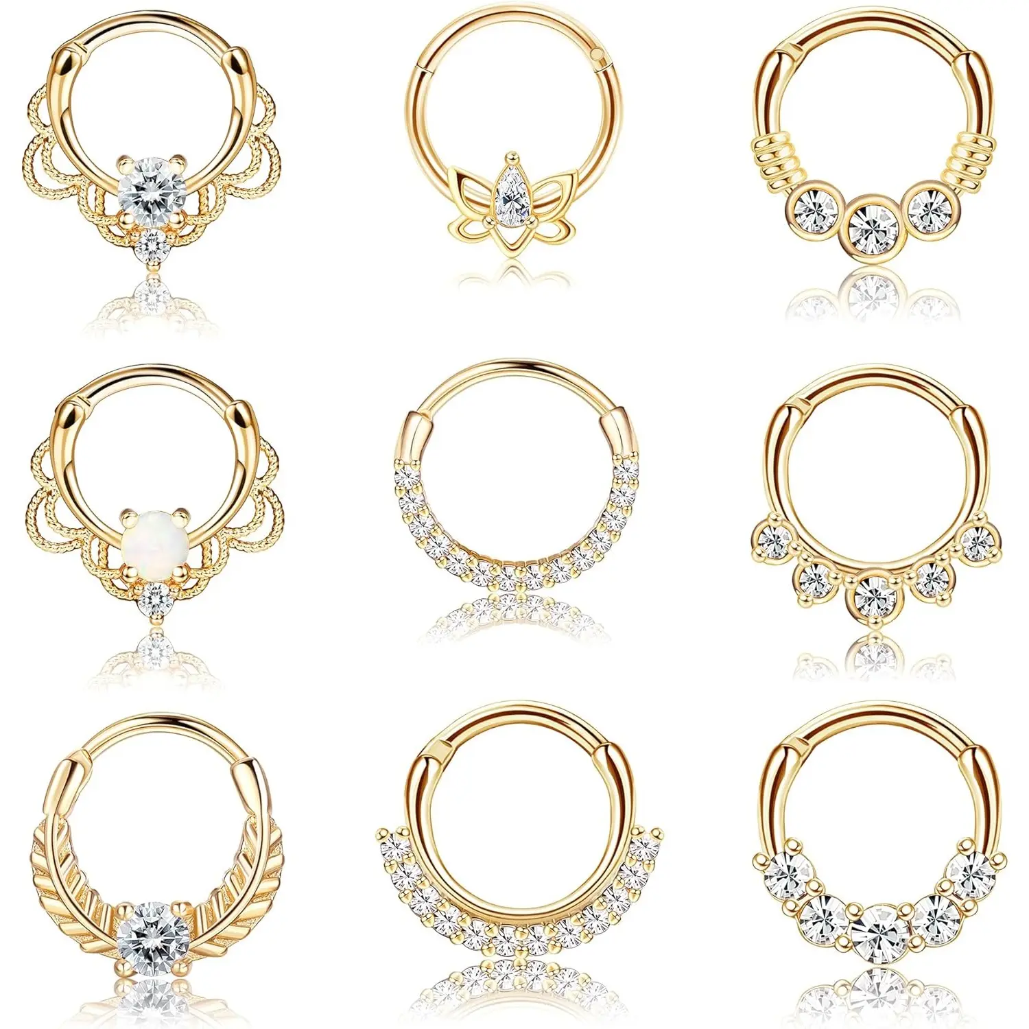Milacolato 9PCS 16G 316L Stainless Steel Body Jewelry Set - Smooth Finish Geometric Star Hoop Rings, Nose Ring, Opal Daith CZ Cartilage Helix Tragus Earrings, Septum Clicker for Everyday Use