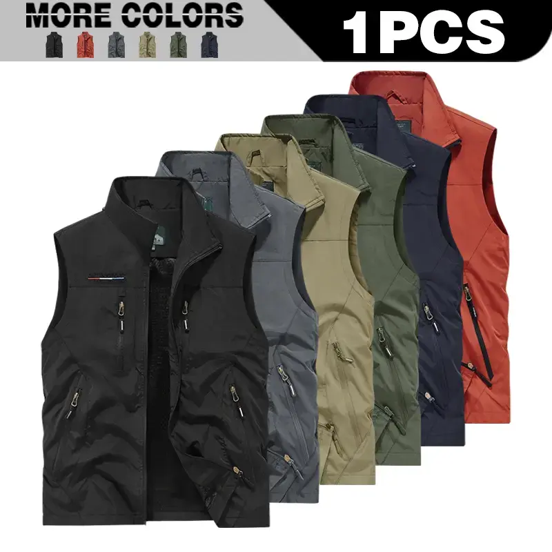 Men’s Slim Fit Plain Sleeveless Zip-Up Stand Collar Workwear Vest - Casual Wear, Short Cut Outdoor Hunting Outerwear, Beige