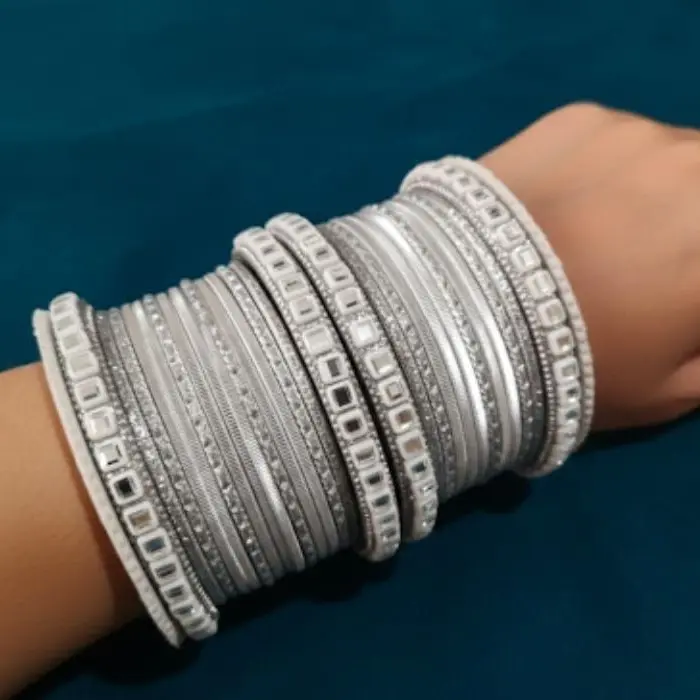 Size 2.6 Elegant Silver Bangles Set 26 Piece Indian Wedding Jewelry with Intricate Designs and Sparkling Rhinestones for Weddings & Festive Occasions