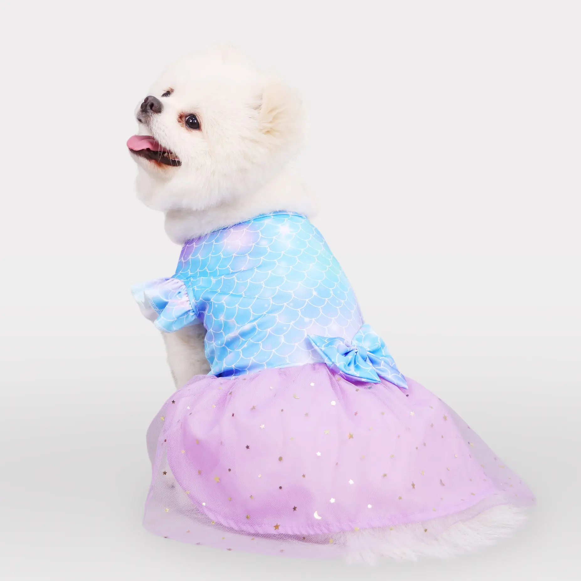 Mermaid Dog Dress Summer Fancy Sequin Tulle Skirt with Back Bow-Knot, Perfect Shiny Pet Costume Clothes for Puppy, Poodle & Cat Kitten