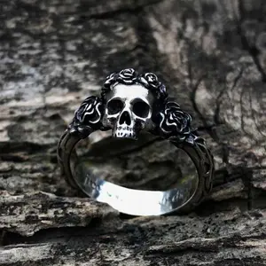 GTHIC Stainless Steel Skull Rings Gothic Flower Wedding Engagement Ring for Men Women Mother's Day Gift
