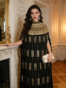 Women's Elegant Long Kaftan Dress, Embroidered Bead Details, Batwing Sleeve High Neck Design, Non-Elastic Woven Fabric