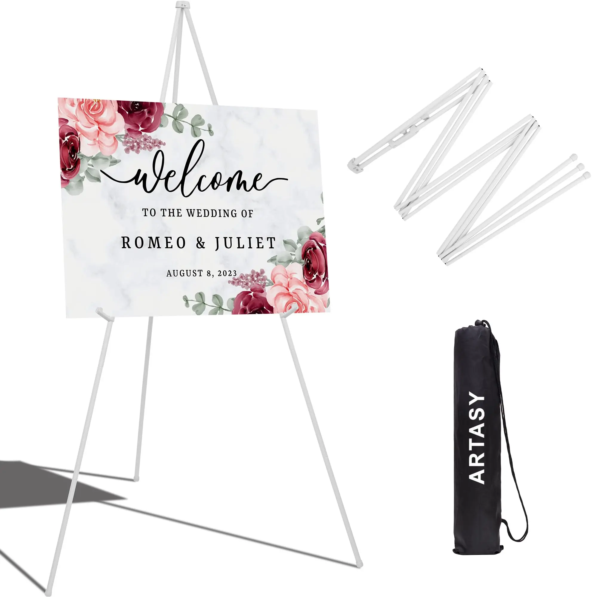 Wedding Floral Signature Poster Display Stand, 1 Count Portable Foldable Poster Easel Stand, Adjustable Metal Tripod Display Stand for Home & Office