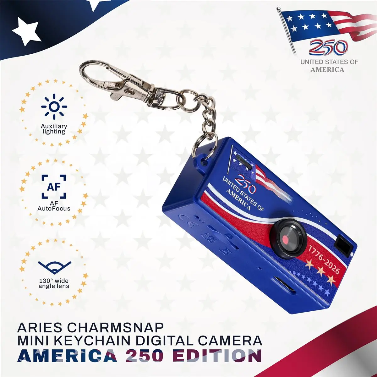 Aries CharmSnap America 250 Mini Keychain Camera 10-Pack, 1080P HD