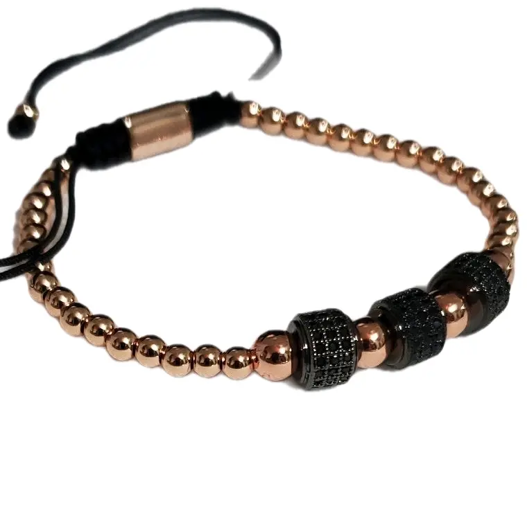 Unisex Rose Gold Metal-Coating Artificial Gemstone Shamballa Bracelet - Adjustable Sliding Knot Design, Black Simulated Diamonds, Wear-Resistant for Casual Daily Wear, Adjustable Bracelet