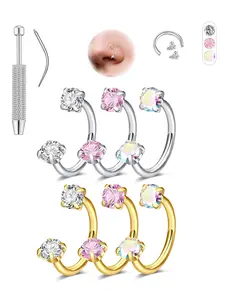 Hoop Nose Ring Set, Horseshoe Nose Rings for Women, Stainless Steel Piercing Jewelry, Dual Gemstone Hoop Rings, Surgical Steel Cartilage Spiral Earrings, Nose Piercing Kit