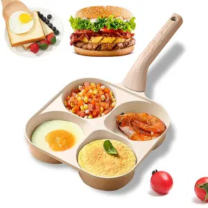 Multifunctional Non-stick Egg Frying Pan, 4 Holes Skillet with Handle, Wooden Handle Omelet Cookware for Eggs Pancakes Burgers, Easy Breakfast Maker, Ideal as Graduation Gift