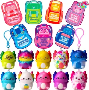 Summer Spring Gift  28 Pcs  Axolotl Toys with Backpack Cards, Slow Rising PU Squishy Keychains, Valentine Stress Relief Toys for Kids Party Gift Exchange Classroom Prize Goodie Bag Stuffers