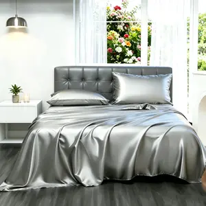 4Pcs Luxury Satin Bedding Set, Soft Silky Bed Sheet & Fitted Sheet with 2 Pillowcases(No Insert), Polyester Fabric, Comfortable Bedroom Decor Bedding Accessories